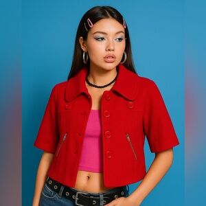 Vintage LAL Red Wool Short Sleeved Cropped Peacoat Jacket‎ Size Large